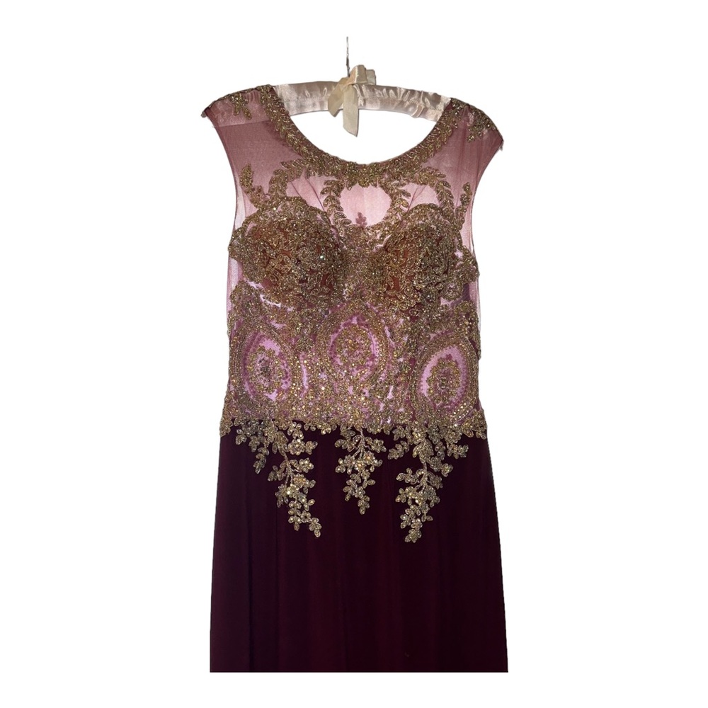 Maroon Floor-Length Prom Dress with Gold Embellished Bodice